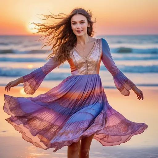 Prompt: hyper-realistic portrait, cinematic film still, beautiful woman in a short boho-rococo dress, dancing on the beach, pretty eyes, glistening skin, plump lips, long hair, petite, lilac blue orange cream pink gold bright vivid vibrant gradient colors, uplifting mood, fantastic realism, crisp, epic,