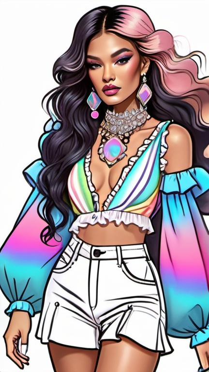 Prompt: fashion illustration, utopian streetwear boho outfit, cosmic 80s meets classy glam, opulent jewelry, sophisticated, long hair, captivating dynamic composition, ruffles, lace, puff sleeves, pastel rainbow colors, chinese