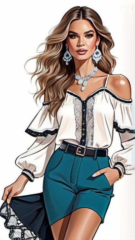 Prompt: professional fashion illustration portrait, feminine streetwear boho outfit, 80s chic meets classy glam, sophisticated, captivating dynamic silhouette, cool color tones, ruffles, lace, puff sleeves, 