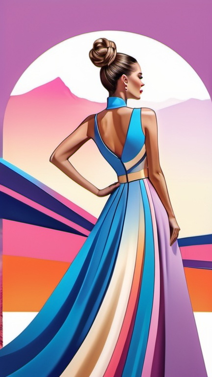 Prompt: professional fashion illustration, contemporary utopian designer aesthetic, glam A-line dress with stylized graphic design, hair bun, voguish realism, lilac blue pink cream orange gold bright clear gradient colors, cinematic, vivid, vibrant, atmospheric perspective, high contrast, highly detailed, crisp, playful contrasting background,