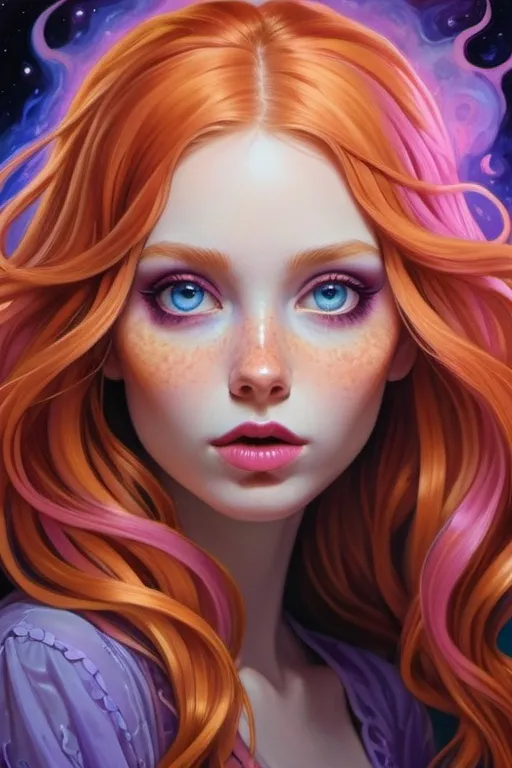 Prompt: captivating portrait, peculiar woman lurking in the dark, electric boho glam, lilac blue pink cream orange gold bright vivid gradient colors, petite, lovecraftian, burtonesque, pop surrealism, long luscious ginger hair, hypnotizing eyes, rosy cheeks, freckled skin, plump lips, supernatural mood, high contrast, highly detailed, crisp, epic storytelling, fantasy