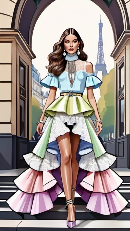 Prompt: fashion illustration, utopian streetwear boho outfit, Parisian 60s meets glam, Cartier jewelry, sophisticated, long luscious hair, captivating dynamic composition, ruffles, lace, puff sleeves, Oscar de la Renta, Dior, Chanel, pastel rainbow colors, 