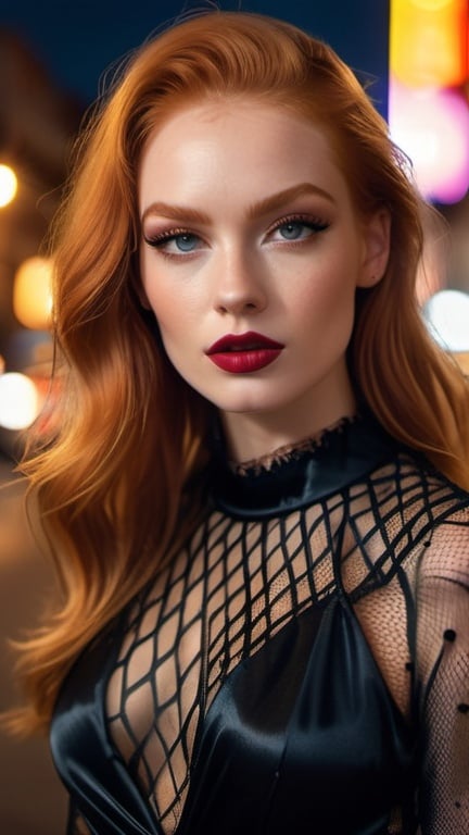 Prompt: professional portrait, attractive voguish woman in a silk and fishnet dress on the street at night, edgy chic elegant, aesthetic, long shiny ginger hair, pretty hypnotizing eyes, rosy cheeks, glistening skin, glossy plump lips, polished makeup, surrealistic realism, epic storytelling, high contrast, highly detailed, crisp, by Razumov, lowbrow art