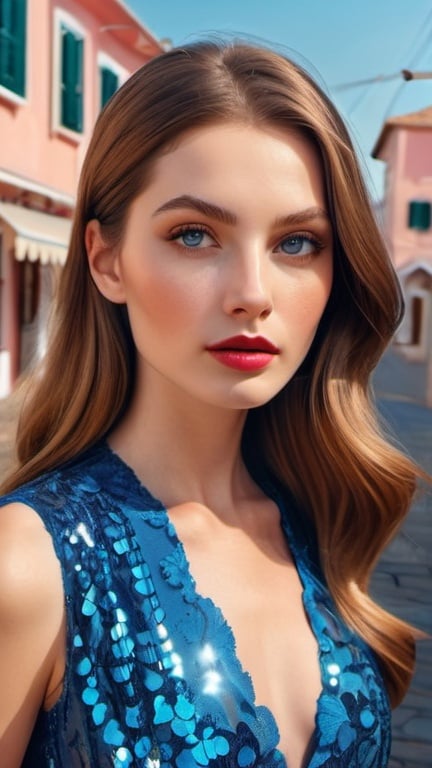 Prompt: professional portrait, attractive voguish woman in a blue silk sequin and lace dress on the streets of picturesque coastal town, romantic chic minimalism, Wes Anderson aesthetic, long shiny hair, pretty hypnotizing eyes, rosy cheeks, glistening skin, glossy plump lips, polished makeup, surrealistic realism, epic storytelling, high contrast, highly detailed, crisp, by Razumov, lowbrow art