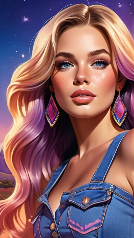 Prompt: album cover, illustration of beautiful country singer posing, stunning denim dress, long shiny hair, hypnotizing eyes, rosy cheeks, glistening skin, natural freckles, glossy plump lips, dynamic sensual pose, fantastic realism, cinematic, lilac blue pink cream orange gold bright vivid gradient colors, high contrast, highly detailed, crisp,