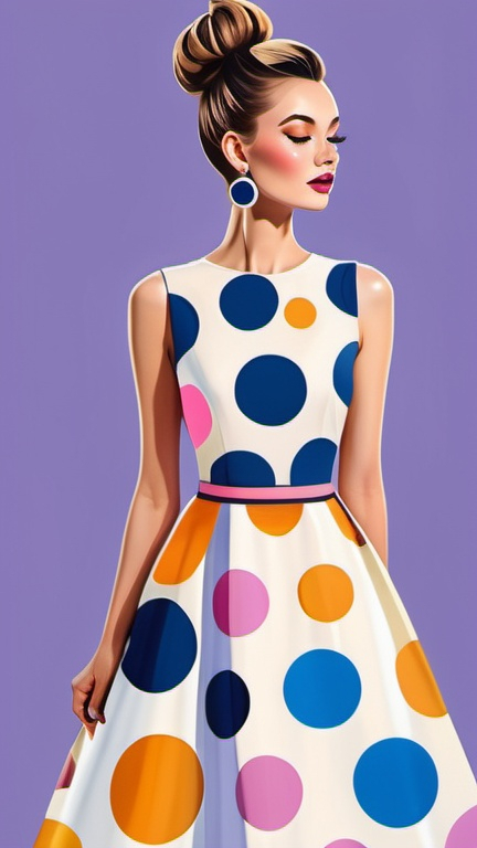 Prompt: professional fashion illustration, contemporary utopian designer minimalism, elegant A-line dress with stylized large polka dots, hair bun, voguish realism, lilac blue pink cream orange gold bright clear gradient colors, cinematic, vivid, pretty angelic face, uplifting, vibrant, joy, atmospheric perspective, high contrast, highly detailed, crisp, playful contrasting background,