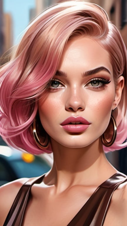 Prompt: professional fashion illustration portrait, voguish woman in a brown dress on the street, streetwear classy style, shiny pink hair bob, hypnotizing eyes, rosy cheeks, glistening skin, glossy plump lips, grunge meets glam makeup, fantastic realism, epic storytelling, high contrast, highly detailed, crisp, 