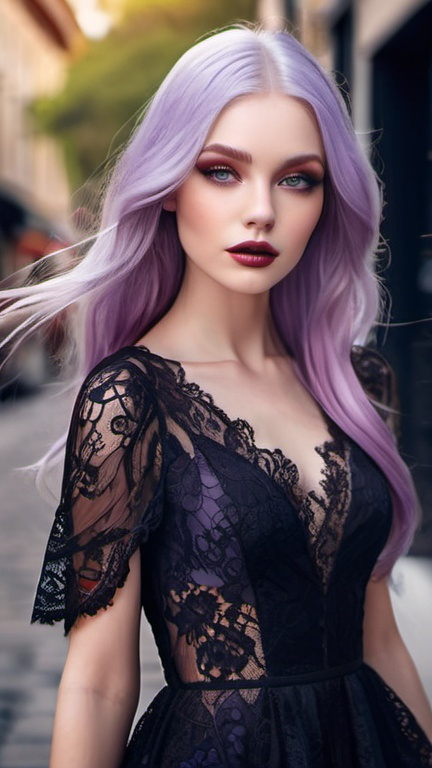 Prompt: captivating portrait, beautiful woman in a flowing dark lace dress on the street, elegant chic minimalism, pop surrealism, petite, burtonesque, long shiny lilac hair, pretty eyes, rosy cheeks, glistening skin, full plump lips, epic storytelling, fantasy, high contrast, highly detailed, crisp, 