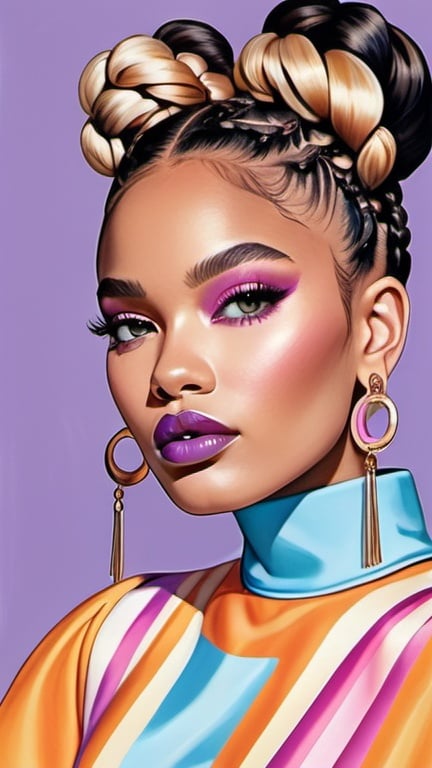 Prompt: professional fashion illustration portrait, contemporary utopian designer aesthetic, glam baby doll dress with stylized graphic design, hair buns and braids, voguish realism, lilac blue pink cream orange gold deep clear gradient colors, cinematic, atmospheric perspective, high contrast, highly detailed, crisp, refined pop art