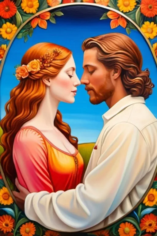 Prompt: lovers, free-spirited, emotional, authentic, genuine, candid, evocative, natural, surrealistic aesthetic painting, lifestyle capture, oil painting, magical realism, bright vivid gradient colors, elegant design, intricate details, realistic, high contrast, crisp, pre-raphaelitism influence, 