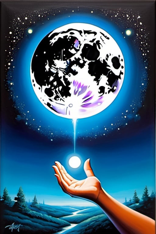 Prompt: masterpiece painting, "Who says you cannot hold the moon in your hand?", dreamlike, atmospheric perspective, organic, magical surrealism, magical realism, elegant design, soft, crisp, detailed, glossy, glowing, allegorical, bright vivid gradient colors, 