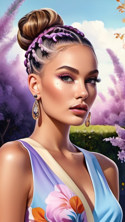 Prompt: professional fashion illustration portrait, glam designer dress with bold graphic print, hair buns, chiseled face, natural freckles, nose piercing, voguish, hyper-realism, lilac blue pink cream orange gold deep clear gradient colors, cinematic, atmospheric perspective, dynamic angle view, high contrast, highly detailed, crisp, garden in the background