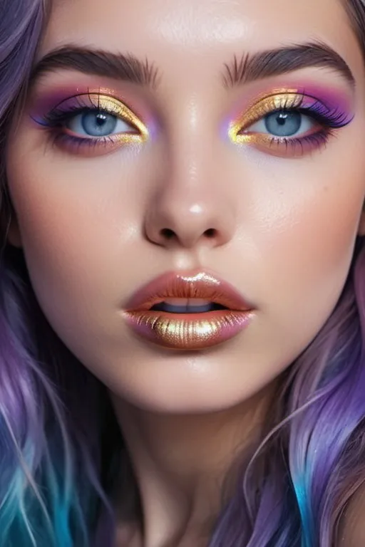 Prompt: ocean in her eyes, surrealistic pop art, artistic pinterest aesthetic, fierce sensual goddess, petite, long shiny hair, rosy cheeks, glistening skin, plump lips, velvety lipstick, magical surrealism, lilac blue pink cream orange gold bright vivid gradient colors, cinematic, focus on the eyes, high contrast, highly detailed, crisp,