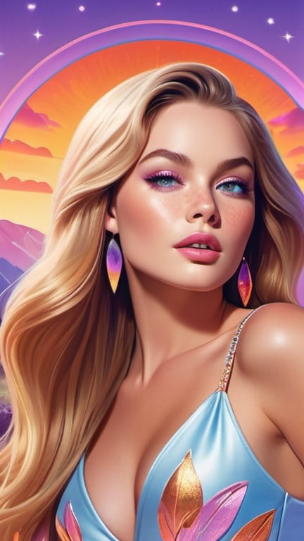 Prompt: album cover, illustration of beautiful sensual country singer posing, long shiny hair, hypnotizing eyes, rosy cheeks, glistening skin, natural freckles, glossy plump lips, dynamic dynamic pose, fantastic realism, cinematic, lilac blue pink cream orange gold bright vivid gradient colors, high contrast, highly detailed, crisp,