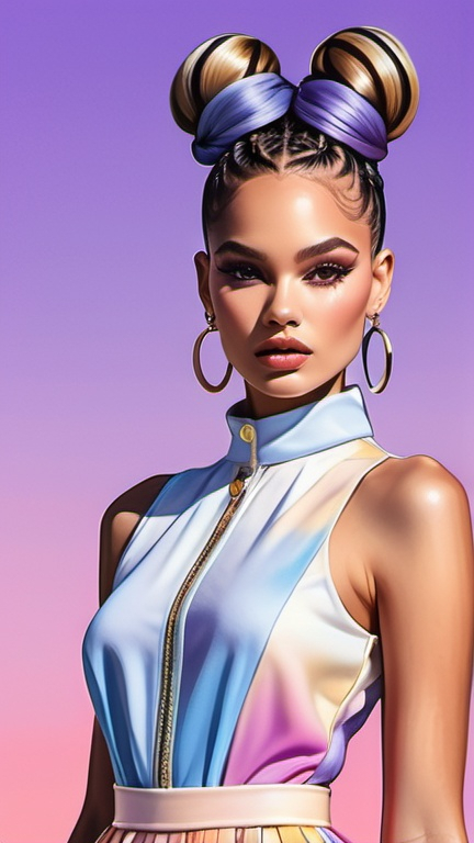 Prompt: professional fashion illustration portrait, contemporary utopian designer aesthetic, glam baby doll dress with stylized graphic design, hair buns and braids, voguish realism, lilac blue pink cream orange gold deep clear gradient colors, cinematic, atmospheric perspective, high contrast, highly detailed, crisp, sophisticated neo pop art