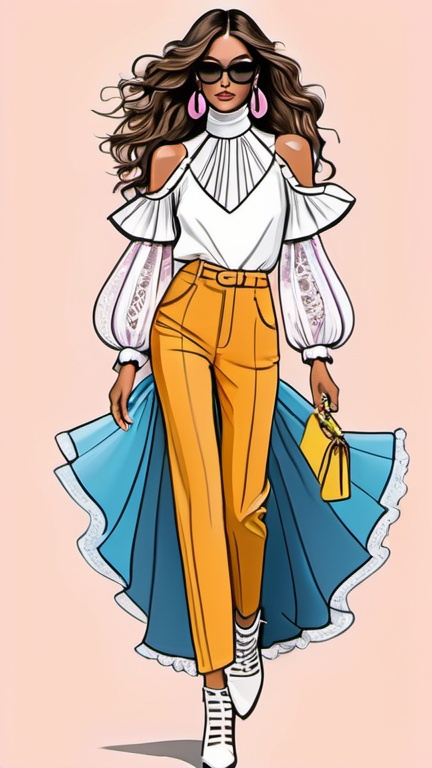 Prompt: fashion illustration, streetwear boho outfit, 80s rock meets classy glam, sophisticated, long hair, captivating dynamic silhouette, ruffles, lace, puff sleeves, focus on the clothes, pastel rainbow colors