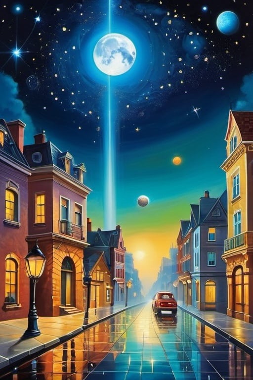 Prompt: masterpiece painting, "There was a sky somewhere above the tops of the buildings, with stars and a moon and all the things there are in a sky, but they were content to think of the distant street lights as planets and stars. If the lights prevented you from seeing the heavens, then preform a little magic and change reality to fit the need. The street lights were now planets and stars and moon.", dreamlike, atmospheric perspective, organic, magical surrealism, magical realism, elegant design, soft, crisp, detailed, glossy, glowing, allegorical, bright vivid gradient colors, 