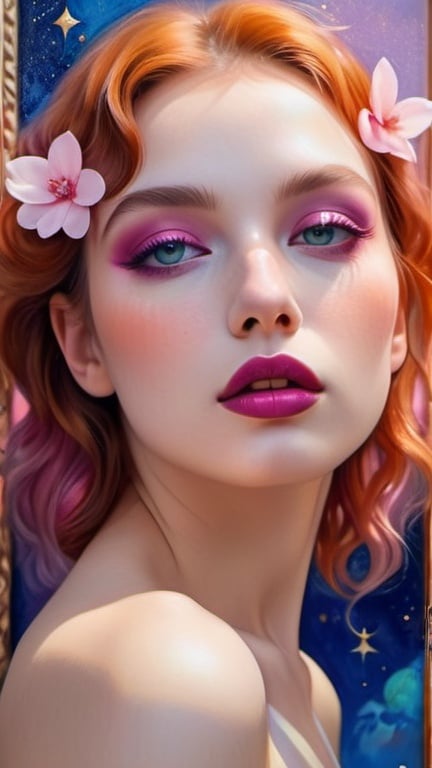 Prompt: painting, makeup art, 30s glam, magical surrealism, pinterest aesthetic, beautiful woman, rosy cheeks, glistening skin, plump ombre lips, ethereal artistic makeup, dark hypnotizing eyes, holographic, stylish top, romantic academia,  magical realism, surrealism, lilac blue fuchsia white orange gold bright vivid gradient colors, mysterious, fantasy-like, dream-like, allegorical, half body portrait, intricate details, realistic, high contrast, highly detailed, crisp,