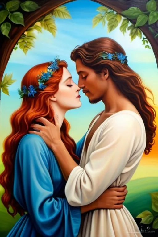 Prompt: lovers, natural beauty, free-spirited, emotional, authentic, genuine, candid, evocative, surrealistic aesthetic painting, lifestyle capture, oil painting, magical realism, bright vivid gradient colors, elegant design, intricate details, realistic, high contrast, crisp, pre-raphaelitism influence, 