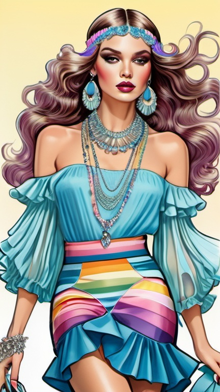 Prompt: fashion illustration, utopian streetwear boho outfit, 80s flapper meets classy glam, opulent jewelry, sophisticated, long luscious hair, captivating dynamic composition, ruffles, lace, puff sleeves, pastel rainbow colors, 