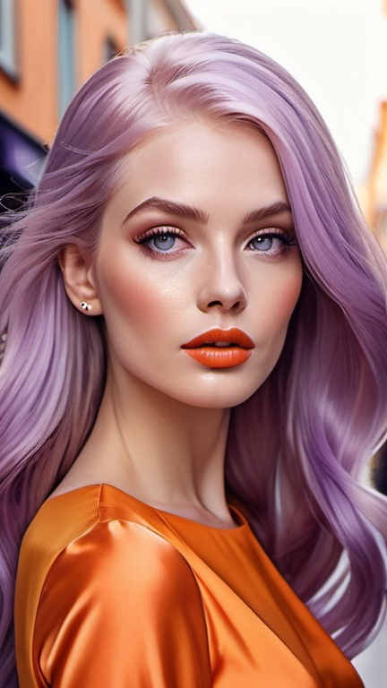 Prompt: professional portrait, classy voguish woman in a casual orange dress on the street, chic rococo minimalism, long shiny lilac hair, hypnotizing eyes, rosy cheeks, glistening skin, glossy plump lips, polished makeup, fantastic realism, epic storytelling, fashion illustration, high contrast, highly detailed, crisp, 