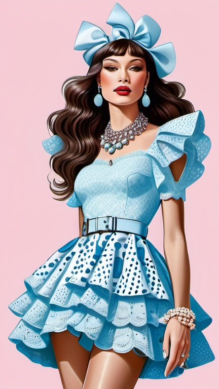 Prompt: fashion illustration, utopian streetwear boho outfit, Parisian 80s meets old Hollywood glam, Cartier jewelry, sophisticated, long luscious hair, captivating dynamic composition, ruffles, lace, puff sleeves, polka dots, Yayoi Kusama, Oscar de la Renta, Dior, pastel rainbow colors, 