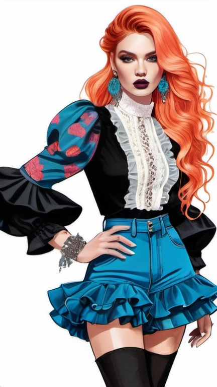 Prompt: professional fashion illustration portrait, streetwear boho outfit, grunge rococo meets classic glam, edgy yet sophisticated, bright vivid contrasting colors, long hair, ruffles, lace, puff sleeves, captivating silhouette