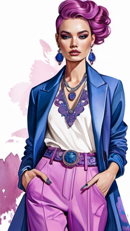Prompt: professional fashion illustration portrait, utopian streetwear boho outfit, grunge rococo meets classic glam, blues purples and pinks