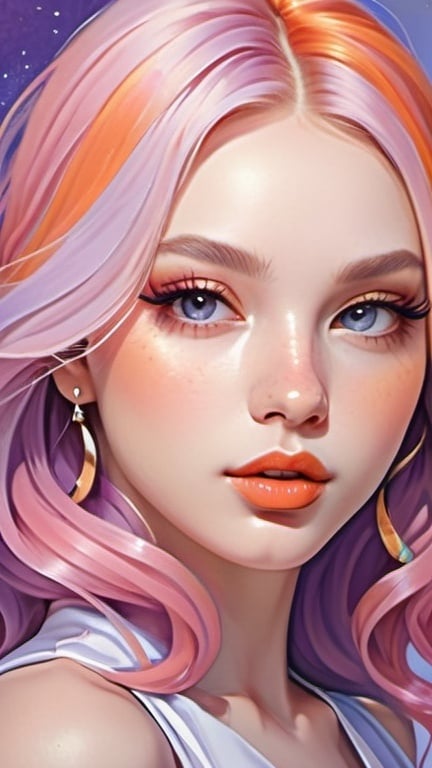 Prompt: half-body beauty and fashion painting, lilac and orange glam, divine beauty in a stylish top, rosy cheeks, glistening skin, long pink hair, plump lips, polished makeup, cute eyes, shimmering, magical realism, quality aesthetic, lilac blue fuchsia white orange gold bright vivid gradient colors, chibi style influence, dream-like, intricate details, high contrast, highly detailed, crisp, 