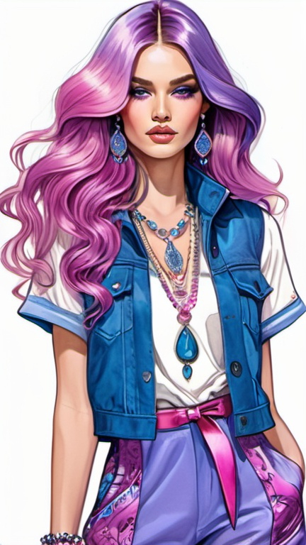 Prompt: professional fashion illustration portrait, utopian streetwear boho outfit, grunge rococo meets glam, long luscious shiny hair, blues purples and pinks