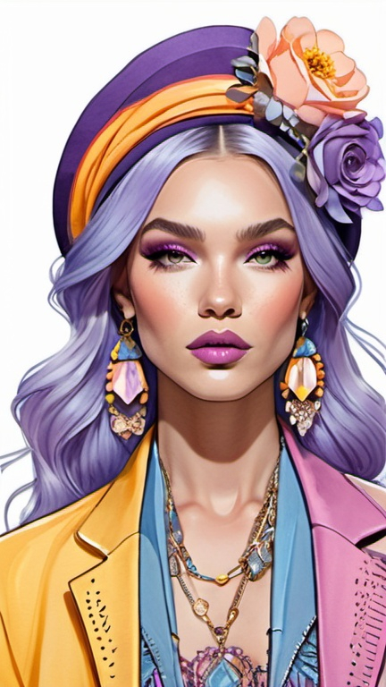 Prompt: professional fashion illustration portrait, utopian streetwear boho outfit, grunge rococo meets classic glam, blues purples and pinks with a hint of orange and yellow, feminine