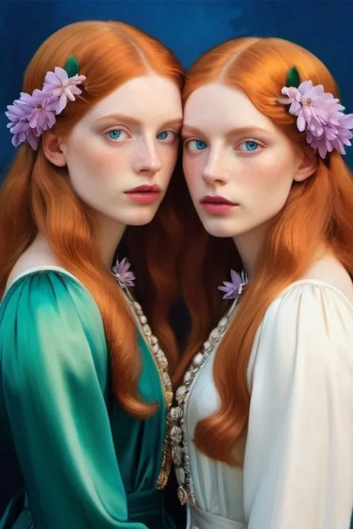 Prompt: sisters, natural ginger beauty and romantic academia fashion, surrealistic aesthetic painting, magical realism, pre-raphaelitism influence, lilac blue fuchsia white orange gold bright vivid gradient colors, elegant design, intricate details, realistic, high contrast, crisp, ultra-realistic green eyes, cinematic