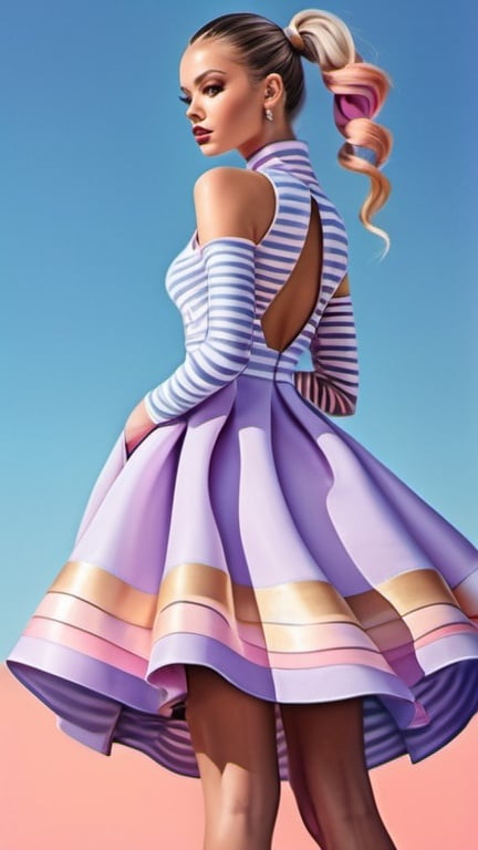Prompt: professional fashion illustration portrait, contemporary utopian designer aesthetic, glam baby doll dress with gradient wavy stripes, pony tails, voguish realism, lilac blue pink cream orange gold deep clear gradient colors, cinematic, atmospheric perspective, high contrast, highly detailed, crisp, instagram 