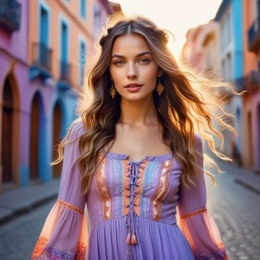 Prompt: hyper-realistic portrait, cinematic film still, beautiful woman in a short boho-rococo dress, walking on the street, pretty eyes, glistening skin, plump lips, long hair, petite, lilac blue orange cream pink gold bright vivid vibrant gradient colors, uplifting mood, fantastic realism, crisp, epic,