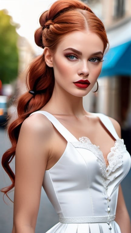 Prompt: professional portrait, classy voguish model in a sensual chic white dress on the street, romantic chic rococo, long red hair braids, hypnotizing eyes, rosy cheeks, glistening skin, glossy plump lips, polished makeup, fantastic realism, epic storytelling, fashion illustration, high contrast, highly detailed, crisp, 