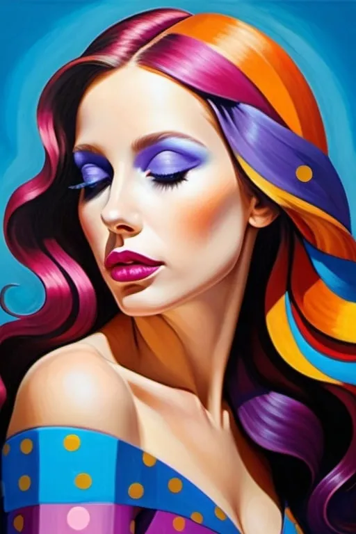 Prompt: beautiful evocative metamodernist portrait painting, beautiful sensual woman, fresh, emotional, authentic, genuine, emotional realism meets expressionism, academic classicism meets surrealism, long hair, hypnotizing eyes, new sincerity, tenderness, sensuality, color splash, color layering, polka dots and stripes, lilac blue fuchsia white orange gold bright vivid gradient colors, cool color undertones, elegant design, intricate details, high contrast, crisp, by Tim Burton and by Oleksandr Balbyshev and by Vincent van Gogh, 