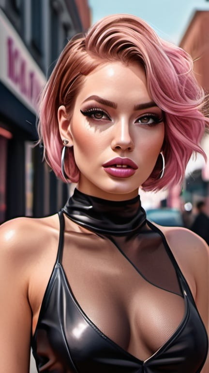 Prompt: professional fashion illustration portrait, attractive woman in an edgy brown dress on the street, streetwear style outfit, pink hair bob, hypnotizing brown eyes, grunge meets glam makeup, rosy cheeks, glistening skin, plump lips, neo noir, fantastic realism, epic storytelling, high contrast, highly detailed, crisp, 