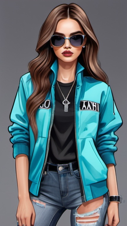 Prompt: professional fashion illustration portrait, dystopian streetwear preppy outfit, long hair