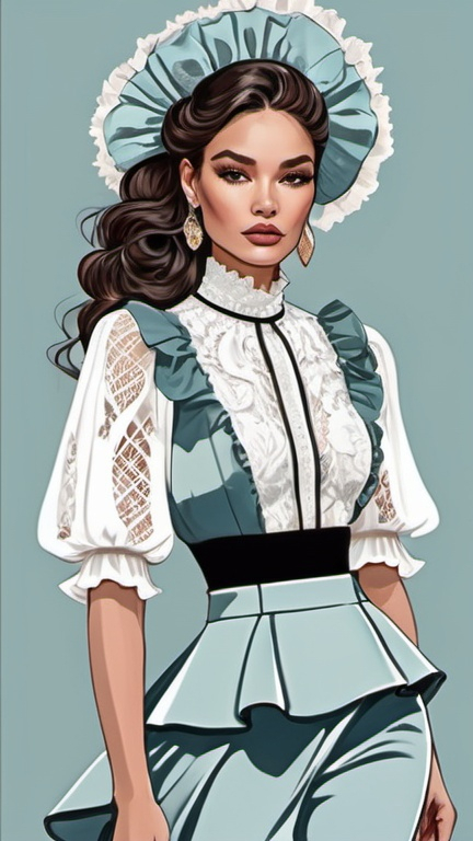 Prompt: professional fashion illustration portrait, feminine streetwear boho outfit, grunge rococo meets classic glam, sophisticated, captivating dynamic silhouette, contrasting soft cool colors, ruffles, lace, puff sleeves, 