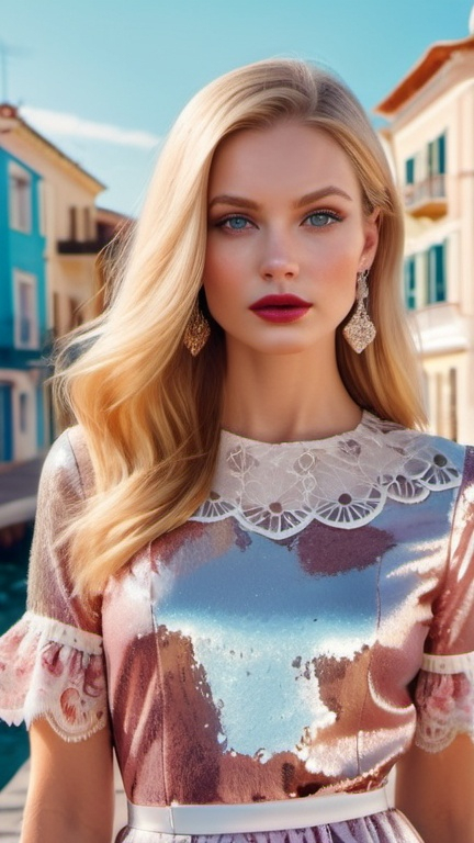 Prompt: professional portrait, attractive voguish woman in a silk sequin and lace dress on the streets of picturesque coastal town, romantic chic minimalism, Wes Anderson aesthetic, long shiny blonde hair, pretty hypnotizing eyes, rosy cheeks, glistening skin, glossy plump lips, polished makeup, surrealistic realism, epic storytelling, high contrast, highly detailed, crisp, by Razumov, lowbrow art