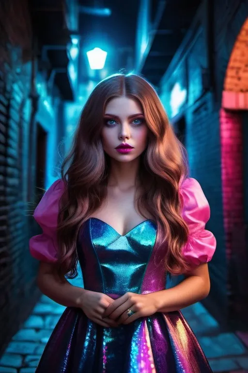 Prompt: captivating portrait, peculiar woman hiding in the dark alley in a stunning iridescent dress,petite, lovecraftian, burtonesque, pop surrealism,  electric boho glam, long luscious shiny hair, hypnotizing eyes, rosy cheeks, natural skin texture and glow, plump pink lips, supernatural mood, high contrast, highly detailed, crisp, epic storytelling, fantasy, 