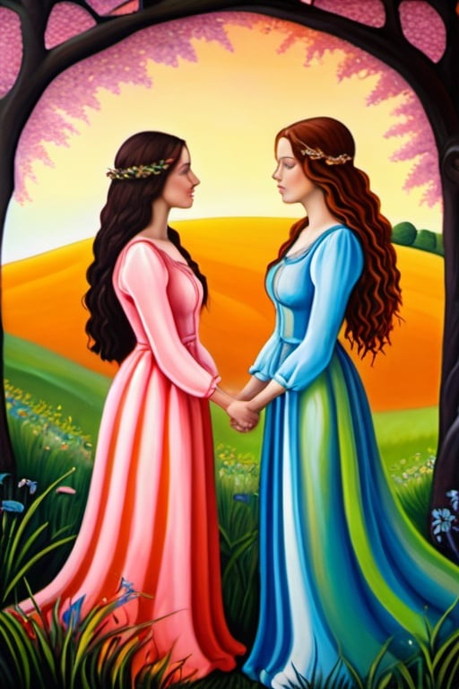 Prompt: romantic girlfriends, natural beauty, free-spirited, emotional, authentic, genuine, candid, evocative, surrealistic aesthetic painting, lifestyle capture, oil painting, magical realism, bright vivid gradient colors, elegant design, intricate details, realistic, high contrast, crisp, pre-raphaelitism influence, 