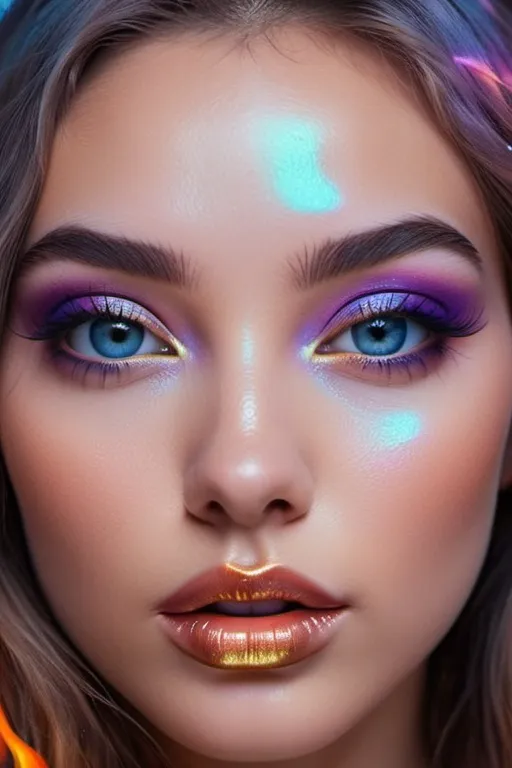 Prompt: fire in her eyes, surrealistic pop art, artistic pinterest aesthetic, fierce sensual goddess, petite, long shiny hair, rosy cheeks, glistening skin, plump lips, velvety lipstick, magical surrealism, lilac blue pink cream orange gold bright vivid gradient colors, cinematic, focus on the eyes, high contrast, highly detailed, crisp,