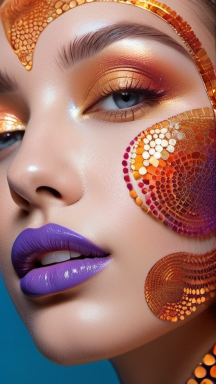 Prompt: makeup art, phyllotaxis, holographic, masterpiece painting reflecting the pinterest aesthetic, beautiful woman, rosy cheeks, glistening skin, plump lips, velvety lipstick, fabulous makeup, dress, magical realism, lilac blue fuchsia white orange gold bright vivid gradient colors, golden ratio, half body portrait, high contrast, highly detailed, crisp,