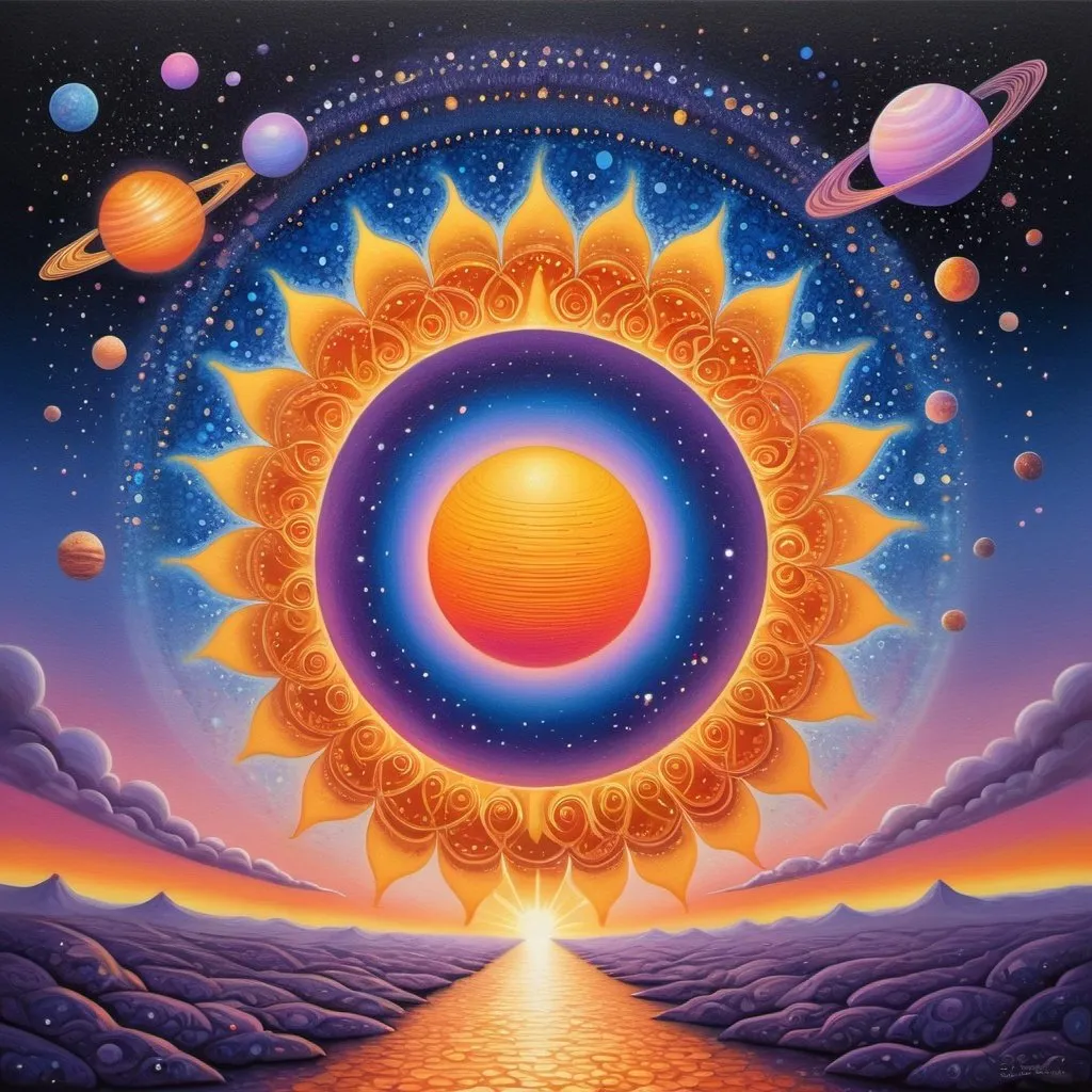 Prompt: Solar Symphony, imaginative pop surrealist painting depicting a simple clean awe inspiring scene of a mystically magical solar system, Sun in the center of the dark cosmic sky surrounded by magnificent planets, mellow mood, romantic, atmospheric perspective, sparkling, glowing, magic realism meets kinetic pointillism meets minimalism, lilac pink blue orange gold bright vivid gradient colors, iridescent, artistically blurred edges, focus on the sun