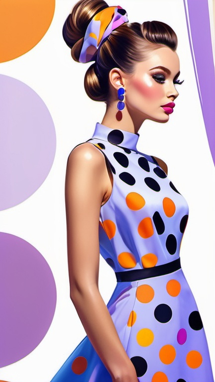 Prompt: professional fashion illustration, contemporary utopian designer, elegant A-line dress with stylized large polka dots, hair bun, voguish realism, lilac blue pink cream orange gold bright clear gradient colors, cinematic, vivid, pretty angelic face, uplifting, vibrant, joy, atmospheric perspective, high contrast, highly detailed, crisp, playful contrasting background,