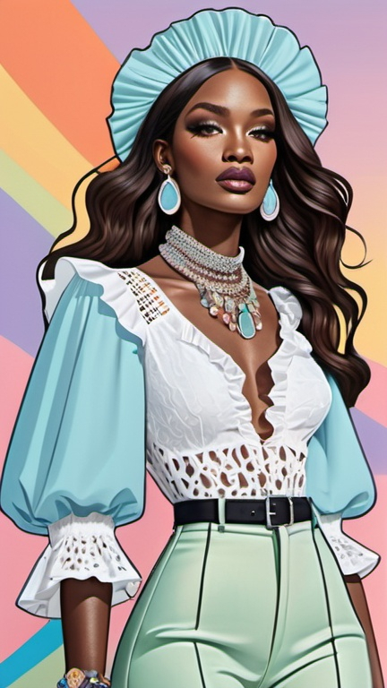 Prompt: fashion illustration, utopian streetwear boho outfit, 30s grunge meets classy glam, opulent jewelry, sophisticated, long hair, captivating dynamic composition, ruffles, lace, puff sleeves, pastel rainbow colors, Parisian aesthetic