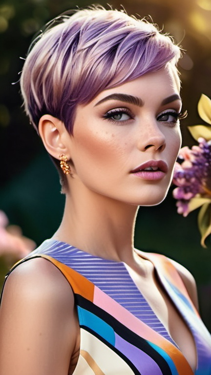 Prompt: professional fashion illustration portrait, glam designer dress with bold graphic print, pixie haircut, chiseled face, natural freckles, nose piercing, voguish, hyper-realism, lilac blue pink cream orange gold deep clear gradient colors, cinematic, atmospheric perspective, dynamic angle view, high contrast, highly detailed, crisp, garden in the background