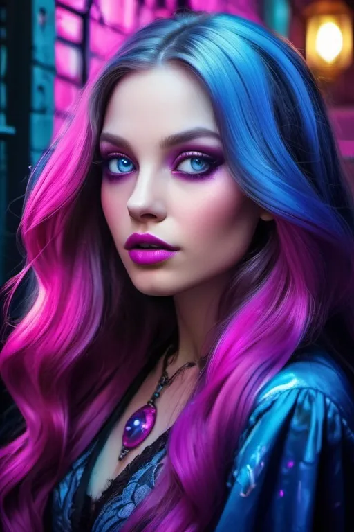 Prompt: captivating portrait, peculiar woman in the dark alley, lovecraftian, burtonesque, electric boho glam, long luscious shiny hair, hypnotizing eyes, rosy cheeks, glistening skin, glossy plump lips, pop surrealism, supernatural mood, high contrast, highly detailed, crisp, epic storytelling, fantasy, blues and pinks and purples