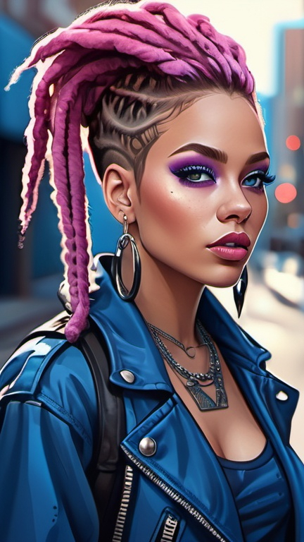 Prompt: professional fashion illustration portrait, attractive woman in an edgy blue dress on the street, dystopian streetwear style outfit, pink dreadlocks, hypnotizing brown eyes, grunge meets glam makeup, rosy cheeks, glistening skin, plump lips, fantastic realism, epic storytelling, bright vivid gradient colors, high contrast, highly detailed, crisp, 